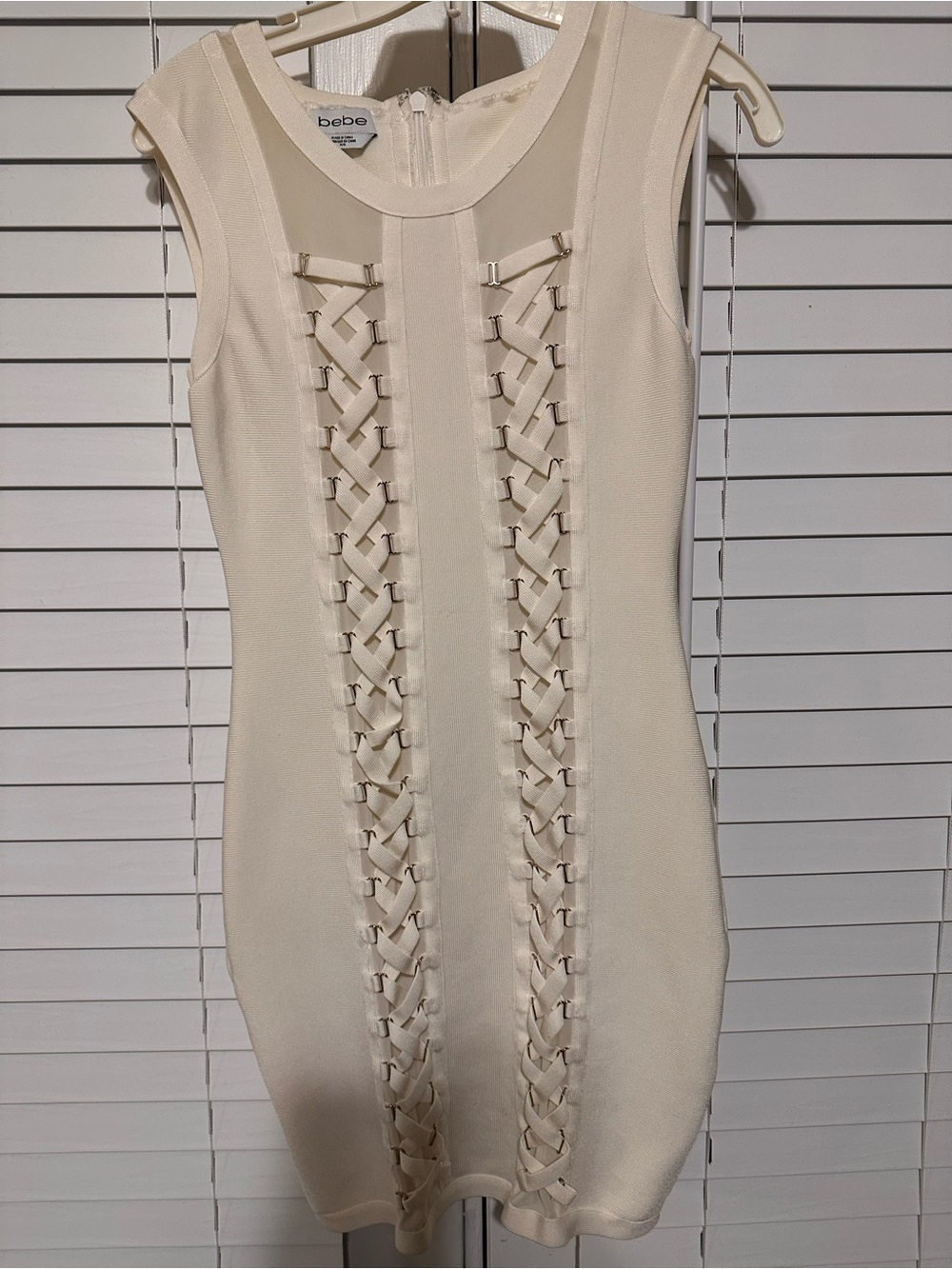 bebe Cream Lace-Up Bondage Dress With shear panels